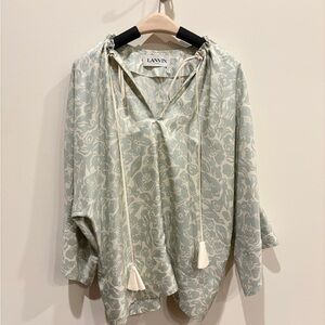 Lanvin Pale Mint and Ivory Floral Tie-Neck Blouse